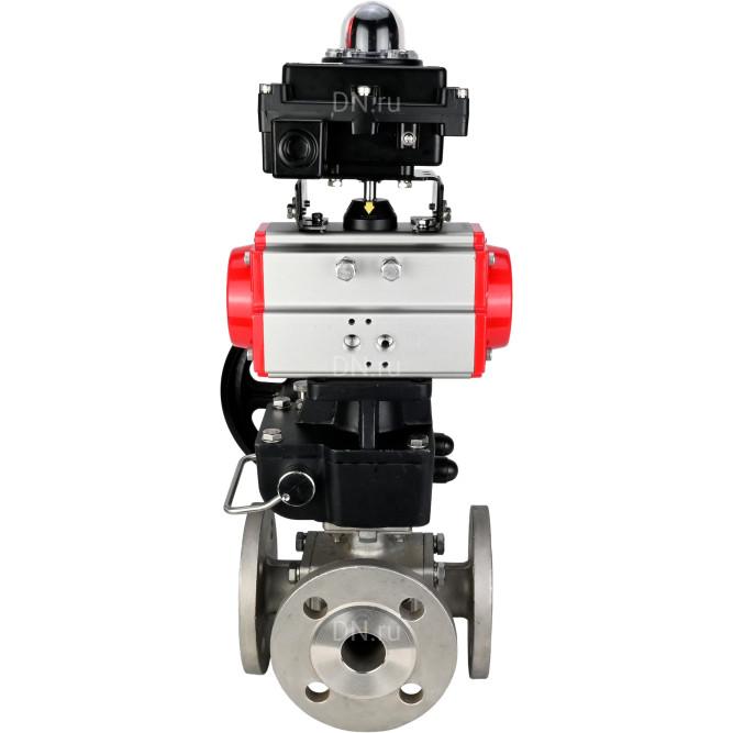 Кран шаровой BV3232P(4pc)-FP-3WL-F Ду40 Ру16 полнопроходной трехходовой, фланцевый, корпус - нержавеющая сталь SS316, с пневмоприводом PA-DA-065 двойного действия, БКВ APL-410N EX и ручным дублером MON1-250-T26-ISO