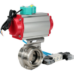Затвор дисковый поворотный WBV3131S-2W-T-H Ду20 Ру10 резьбовой, пищевая нержавеющая сталь 304, уплотнение - Silicon, с пневмоприводом PA-DA-052, пневмораспределителем 4V320-10 AC220V и магнитным переключателем ALS200D