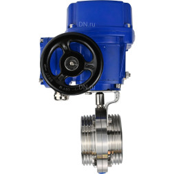 Затвор дисковый поворотный WBV3131E-2W-T-H Ду25 Ру10 резьбовой, корпус - пищевая нержавеющая сталь 304, уплотнение - EPDM, с электроприводом QT-N-005M-O2-220VAC-У1 с моментной муфтой и штурвалом