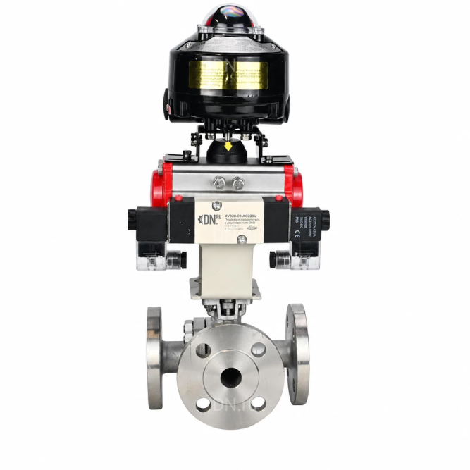 Кран шаровой BV3232P(2pc)-FP-3WL-F-ISO-H Ду50 Ру16 HYMT трехходовой L-тип, полнопроходной, фланцевый, корпус - нержавеющая сталь AISI316, с пневмоприводом PA-SA-105, пневмораспределителем 4M320-08 AC220V и БКВ APL-510N EX