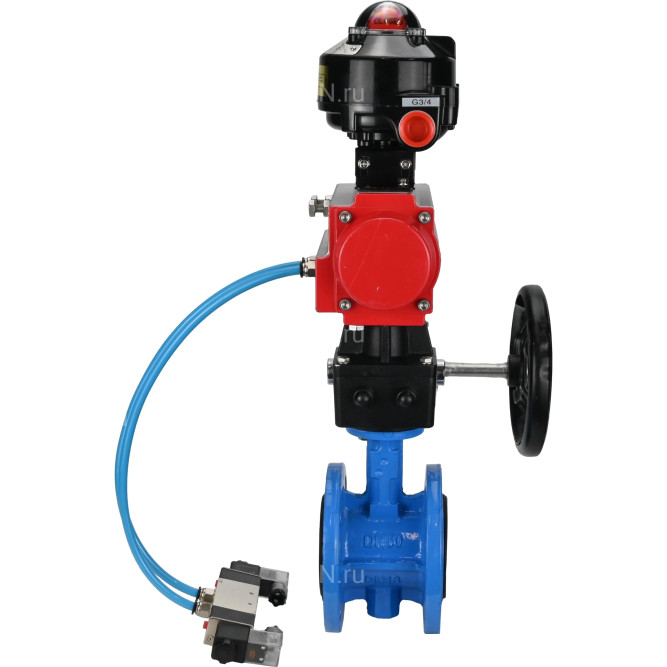 Затвор дисковый поворотный WBV1313E-2W-F-H Ду150 Ру16 фланцевый, корпус - чугун GGG40, диск - чугун GGG40, EPDM, с пневмоприводом PA-DA-130, пневмораспределителем 4V320-08 AC220V, БКВ APL-510N EX и ручным дублером MON1-250-T26-ISO