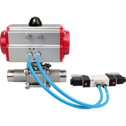 Кран шаровой BV3232P(3pc)-FP-W-ISO-H LONG Ду125 Ру16 полнопроходной, корпус - нержавеющая сталь 316, уплотнение - PTFE, под приварку, с пневмоприводом PA-DA-130 и пневмораспределителем 4V320-10 AC220V