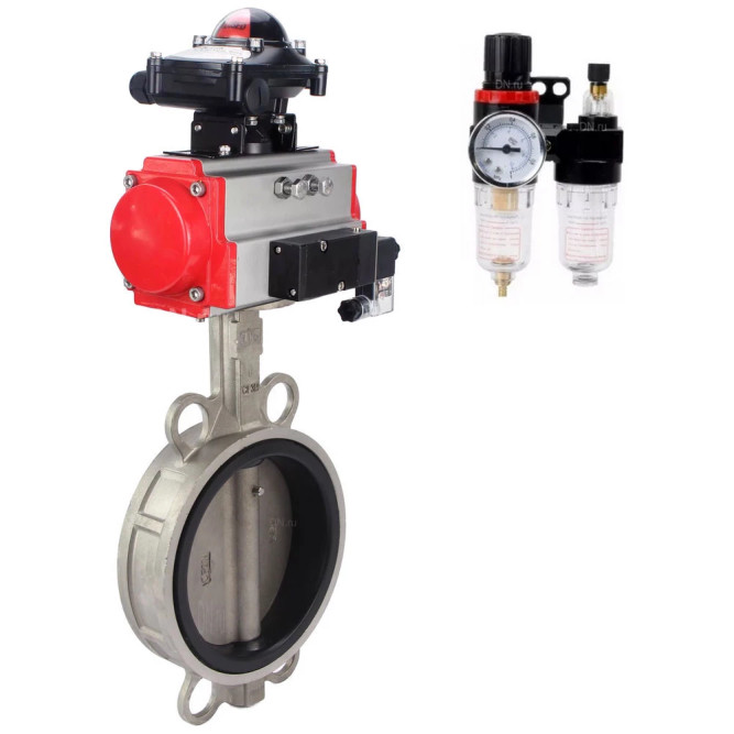 Затвор дисковый поворотный WBV3232V-2W-Fb-H Ду125 Ру16, корпус - нержавеющая сталь 316L, диск - нержавеющая сталь 316L, уплотнение - VITON, с пневмоприводом PA-DA-083, с пневмораспределителем 4V320-10 AC220V, БКВ APL-210N, БПВ AFC2000