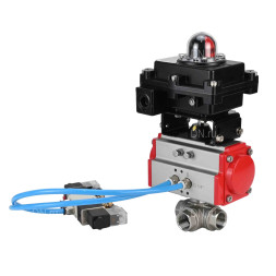 Кран шаровой BV3232P(4pc)-SP-3WL-T-ISO-H Ду40 Ру63, стандартнопроходной, четырехсоставной, корпус - нержавеющая сталь 316, уплотнение - PTFE, внутренняя резьба, с пневмоприводом PA-DA-065, пневмораспределителем 4V320-08 AC220V, БКВ APL-410N Ex