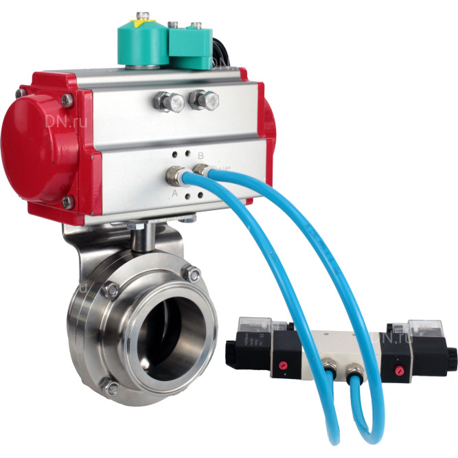 Затвор дисковый поворотный кламповый WBV3131E-2W-C-H Ду20 Ру10 корпус - пищевая нержавеющая сталь 304, уплотнение - EPDM, с пневмоприводом PA-DA-052, пневмораспределителем 4M320-08 AC220V, магнитным переключателем ALS200D