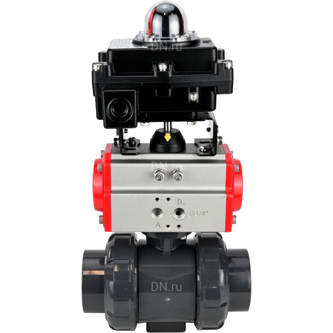 Кран шаровой BV4242E-FP-GRM-ISO Дн32 Ру10 полнопроходной, корпус - НПВХ, шар - НПВХ, уплотнение - EPDM, с пневмоприводом PA-SA-052 и БКВ APL-410N EX