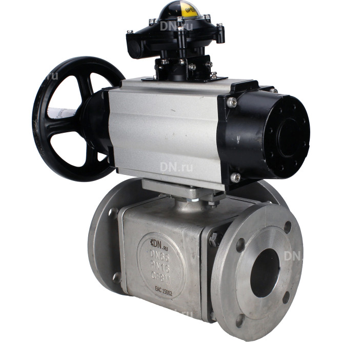 Кран шаровой BV3232P(4pc)-FP-3WL-F Ду100 Ру16 полнопроходной трехходовой, фланцевый, корпус - нержавеющая сталь SS316, с пневмоприводом PA-DA-105-1 двойного действия и БКВ APL-210N