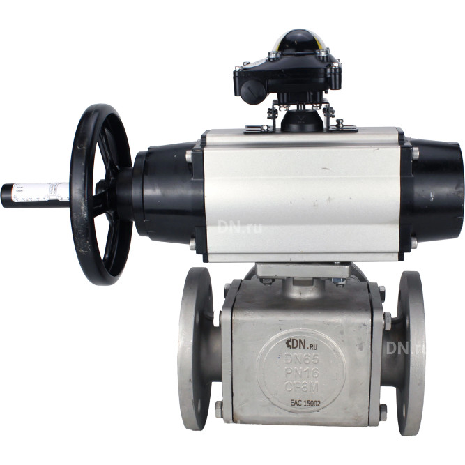 Кран шаровой BV3232P(4pc)-FP-3WL-F Ду100 Ру16 полнопроходной трехходовой, фланцевый, корпус - нержавеющая сталь SS316, с пневмоприводом PA-DA-105-1 двойного действия и БКВ APL-210N