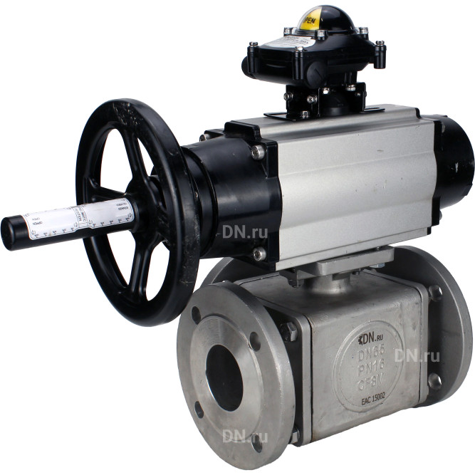 Кран шаровой BV3232P(4pc)-FP-3WL-F Ду100 Ру16 полнопроходной трехходовой, фланцевый, корпус - нержавеющая сталь SS316, с пневмоприводом PA-DA-105-1 двойного действия и БКВ APL-210N