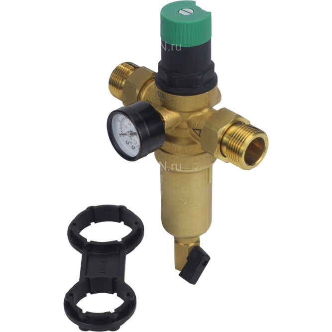 Фильтр сетчатый промывной FMTWR0031-T Ду25 Ру16 резьбовой, T-образный, корпус - латунь, сетка - нержавеющая сталь 304, с манометром и с редуктором