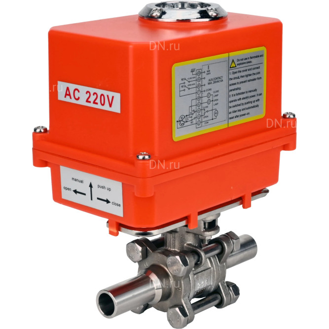 Кран шаровой BV3232P(3pc)-FP-W-ISO-H LONG Ду10 Ру63 полнопроходной, корпус - нержавеющая сталь 316, уплотнение - PTFE, под приварку, с 1/4-оборотным электроприводом QT-N-003EM-O1-220VAC-У1 MINI 220В