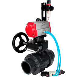 Кран шаровой BV4242E-FP-GRM-ISO Дн25 Ру10 полнопроходной, корпус - НПВХ, шар - НПВХ, уплотнение - EPDM, с пневмоприводом PA-DA-052, пневмораспределителем 4V320-08 AC220V, ручным дублером MON1-250-T26-ISO и БПВ AFC2000