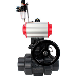 Кран шаровой BV4242E-FP-GRM-ISO Дн25 Ру10 полнопроходной, корпус - НПВХ, шар - НПВХ, уплотнение - EPDM, с пневмоприводом PA-DA-052, пневмораспределителем 4V320-08 AC220V, ручным дублером MON1-250-T26-ISO и БПВ AFC2000