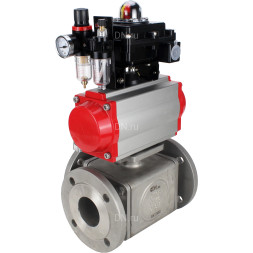 Кран шаровой BV3232P(4pc)-FP-3WL-F Ду40 Ру16 полнопроходной трехходовой, фланцевый, корпус - нержавеющая сталь SS316, с пневмоприводом PA-DA-065 двойного действия, пневмораспределителем 4M310-08 AC220V, БКВ APL-410N EX и БПВ AFC2000