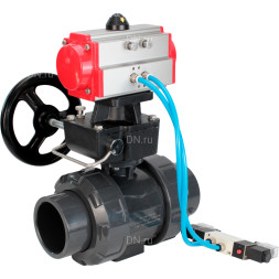 Кран шаровой BV4242E-FP-GRM-ISO Дн65 Ру10 полнопроходной, корпус - НПВХ, шар - НПВХ, уплотнение - EPDM, с пневмоприводом PA-DA-065, пневмораспределителем 4V320-10 AC220V и ручным дублером MON1-250-T26-ISO