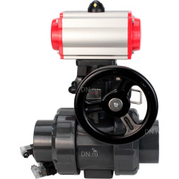 Кран шаровой BV4242E-FP-GRM-ISO Дн65 Ру10 полнопроходной, корпус - НПВХ, шар - НПВХ, уплотнение - EPDM, с пневмоприводом PA-DA-065, пневмораспределителем 4V320-10 AC220V и ручным дублером MON1-250-T26-ISO