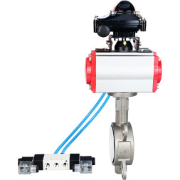 Затвор дисковый поворотный WBV3232P-2W-Fb-H Ду300 Ру16, корпус - нержавеющая сталь 316L, диск - нержавеющая сталь 316L, уплотнение - PTFE, с пневмоприводом PA-DA-160 двойного действия, с пневмораспределителем 4V320-08 AC220V, с БКВ APL-210N