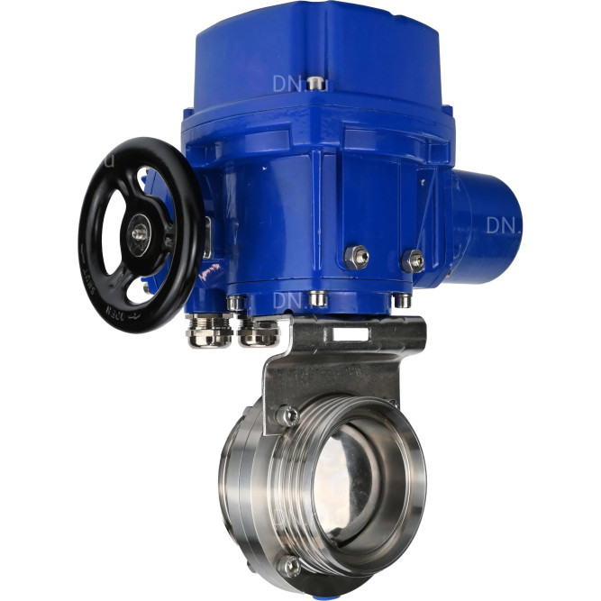 Затвор дисковый поворотный WBV3131E-2W-T-H Ду80 Ру10 резьбовой, корпус - пищевая нержавеющая сталь 304, уплотнение - EPDM, с электроприводом QT-N-005M-O2-220VAC-У1 с моментной муфтой и штурвалом