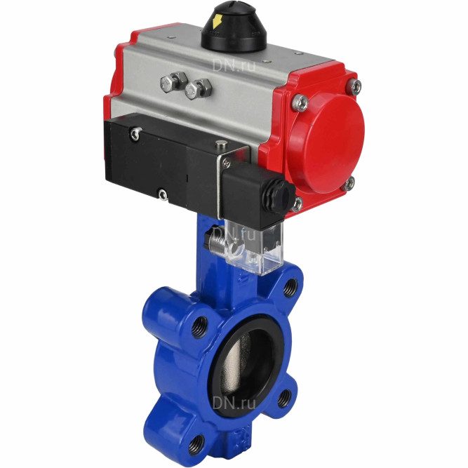 Затвор дисковый поворотный WBV1616N-2W-Fb-H Ду125 Ру16 LUG корпус - чугун QT450, диск - чугун QT450, уплотнение - NBR, с пневмоприводом PA-SA-140 и пневмораспределителем 4M310-08 DC24V