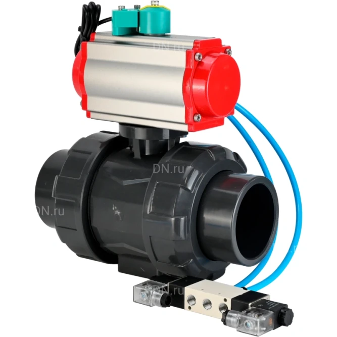 Кран шаровой BV4242E-FP-GRM-ISO Дн40 Ру10 полнопроходной, корпус - НПВХ, шар - НПВХ, уплотнение - EPDM, с пневмоприводом PA-SA-065, пневмораспределителем 4V320-08 AC220V и магнитным переключателем ALS200D