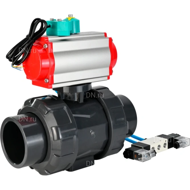 Кран шаровой BV4242E-FP-GRM-ISO Дн40 Ру10 полнопроходной, корпус - НПВХ, шар - НПВХ, уплотнение - EPDM, с пневмоприводом PA-SA-065, пневмораспределителем 4V320-08 AC220V и магнитным переключателем ALS200D