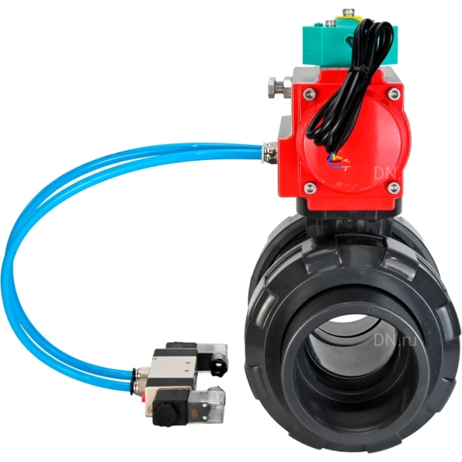 Кран шаровой BV4242E-FP-GRM-ISO Дн40 Ру10 полнопроходной, корпус - НПВХ, шар - НПВХ, уплотнение - EPDM, с пневмоприводом PA-SA-065, пневмораспределителем 4V320-08 AC220V и магнитным переключателем ALS200D