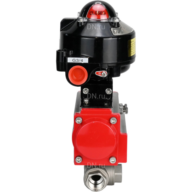 Кран шаровой BV3232P(4pc)-SP-3WL-T-ISO-H 3/8″ Ду10 Ру63 стандартнопроходной трехходовой L-тип, нержавеющая сталь SS316, внутренняя резьба, уплотнение - PTFE, с пневмоприводом PA-DA-52 и БКВ APL-510N-EX