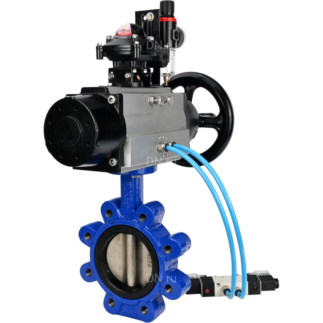 Затвор дисковый поворотный WBV1616N-2W-Fb-H Ду125 Ру16 LUG корпус - чугун QT450, диск - чугун QT450, уплотнение - NBR, с пневмоприводом PA-DA-105-1, пневмораспределителем 4V320-08 AC220V, БКВ APL-210N и БПВ AFC2000