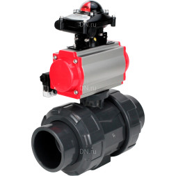 Кран шаровой BV4242E-FP-GRM-ISO Дн32 Ру10 полнопроходной, корпус - НПВХ, шар - НПВХ, уплотнение - EPDM, с пневмоприводом PA-SA-052, пневмораспределителем 4M310-08 DC24V и БКВ APL-210N