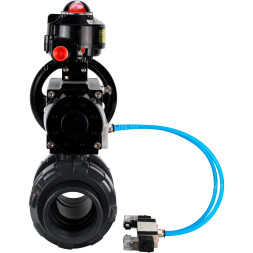 Кран шаровой BV4242E-FP-GRM-ISO Дн80 Ру10 полнопроходной, корпус - НПВХ, шар - НПВХ, уплотнение - EPDM, с пневмоприводом PA-DA-105-1, пневмораспределителем 4V320-10 AC220V и БКВ APL-510N EX
