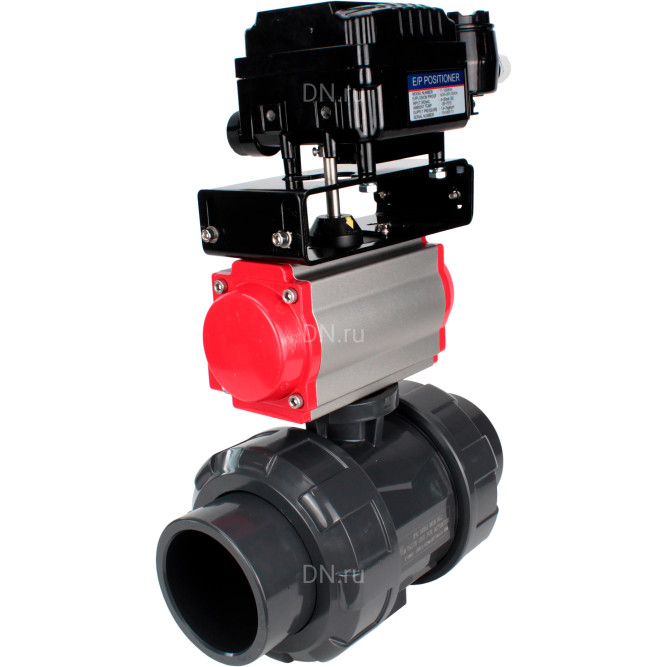 Кран шаровой BV4242E-FP-GRM-ISO Дн100 Ру10 полнопроходной, корпус - НПВХ, шар - НПВХ, уплотнение - EPDM, с пневмоприводом PA-DA-065 и пневмопозиционером YT-1000RSN с обратной связью