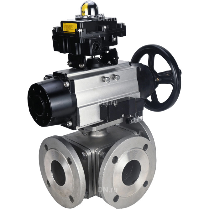 Кран шаровой BV3232P(4pc)-FP-3WL-F Ду100 Ру16 полнопроходной трехходовой, фланцевый, корпус - нержавеющая сталь SS316, с пневмоприводом PA-DA-105-1 двойного действия, пневмораспределителем 4M310-08 DC24V и БКВ APL-410N EX