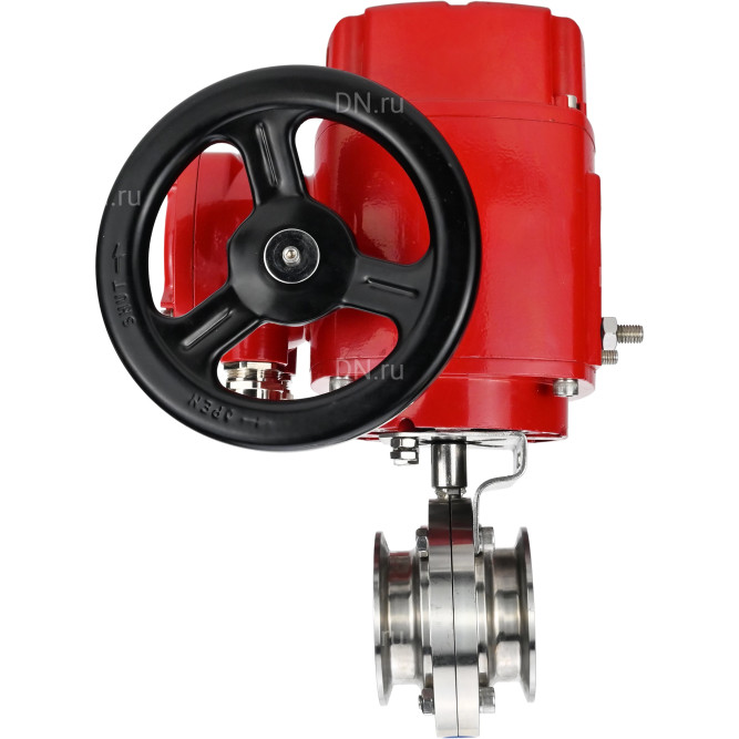 Затвор дисковый поворотный WBV3131E-2W-C-H Ду20 Ру10 кламповый, корпус - пищевая нержавеющая сталь 304, уплотнение - EPDM, с электроприводом QT-EX-005M-O2-220VAC-У1 с моментной муфтой и штурвалом
