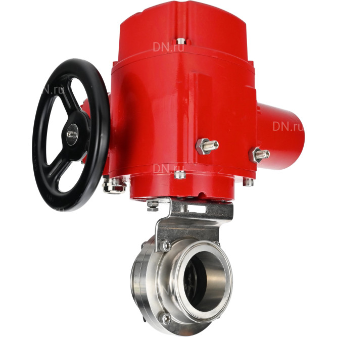 Затвор дисковый поворотный WBV3131E-2W-C-H Ду20 Ру10 кламповый, корпус - пищевая нержавеющая сталь 304, уплотнение - EPDM, с электроприводом QT-EX-005M-O2-220VAC-У1 с моментной муфтой и штурвалом