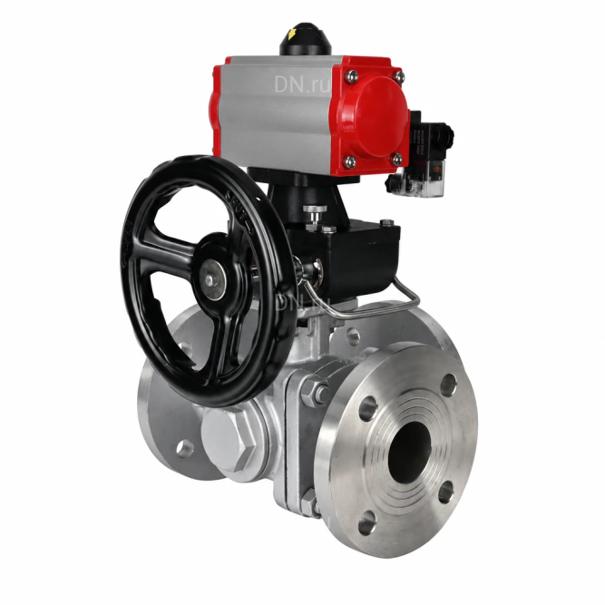 Кран шаровой BV3232P(2pc)-FP-3WL-F-ISO-H Ду50 Ру16 HYMT трехходовой L-тип, полнопроходной, фланцевый, корпус - нержавеющая сталь AISI316, с пневмоприводом PA-DA-065, пневмораспределителем 4M320-08 AC220V и ручным дублером MON1-250-T26-ISO