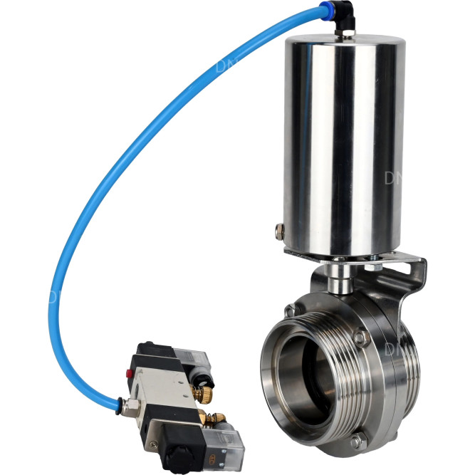 Затвор дисковый поворотный WBV3131S-2W-T-H Ду32 Ру10 резьбовой, пищевая нержавеющая сталь 304, уплотнение – Silicon, с пневмоприводом PA-SA-85 и пневмораспределителем 4V320-10 AC220V