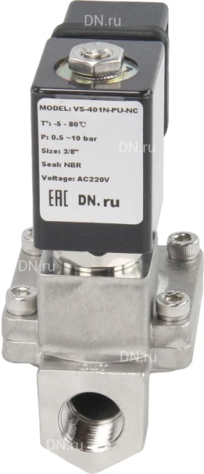 Клапан электромагнитный VS431-ET-NC-24VAC 3/8″ Ду10 Ру16 пилотного действия двухходовой, корпус - сталь нержавеющая 304, присоединение - внутренняя резьба, уплотнение - EPDM, нормально-закрытый, катушка - 24В AC