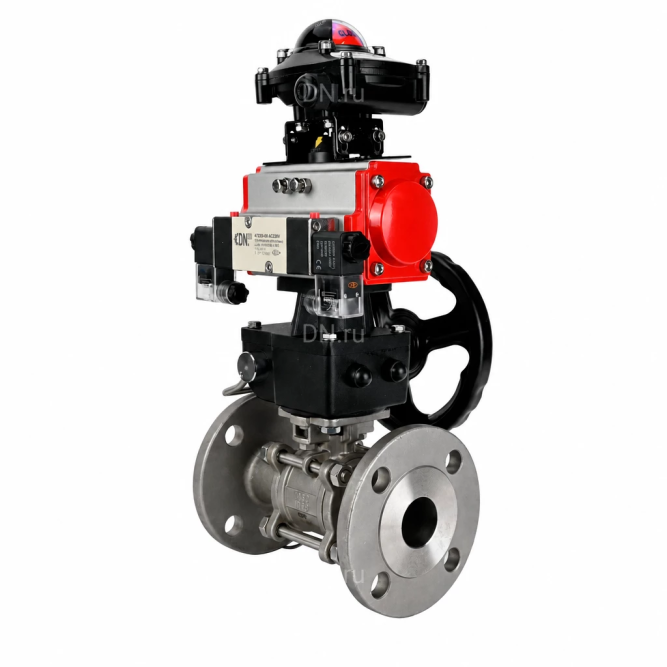 Кран шаровой BV3131P(3pc)-FP-F-ISO-H Ду40 Ру40 полнопроходной, фланцевый, корпус - нержавеющая сталь 304, PTFE, с пневмоприводом PA-DA-065, пневмораспределителем 4M320-10 AC220V, БКВ APL-210N и ручным дублером MON1-250-T26-ISO