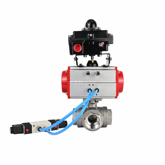 Кран шаровой BV3232P(4pc)-SP-3WL-T-ISO-H WDVF Ду65 Ру40 стандартнопроходной, 3-ходовой L-тип, внутренняя резьба, нержавеющая сталь AISI 316, PTFE, с пневмоприводом PA-SA-140, пневмораспределителем 4V320-08 AC220V и БКВ APL-410N EX