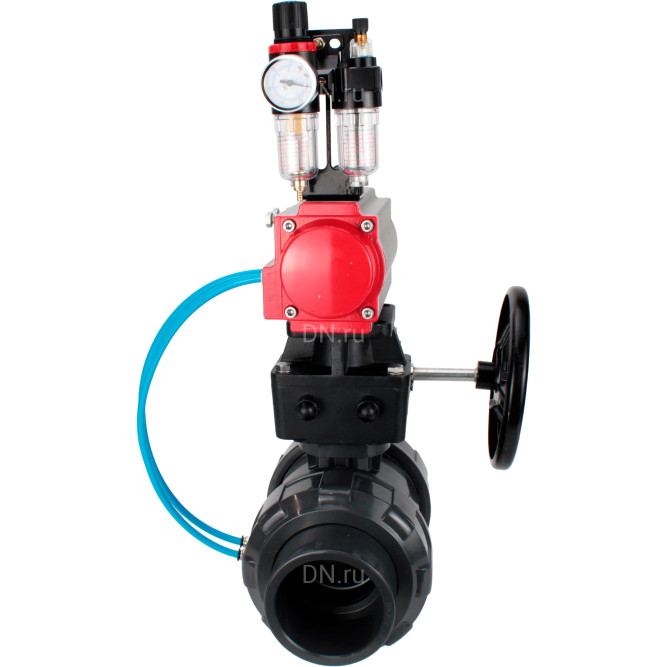Кран шаровой BV4242E-FP-GRM-ISO Дн15 Ру10 полнопроходной, корпус - НПВХ, шар - НПВХ, уплотнение - EPDM, с пневмоприводом PA-DA-052, пневмораспределителем 4V320-10 AC220V, ручным дублером MON1-250-T26-ISO и БПВ AFC2000