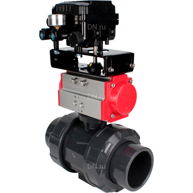 Кран шаровой BV4242E-FP-GRM-ISO Дн20 Ру10 полнопроходной, корпус - НПВХ, шар - НПВХ, уплотнение - EPDM, с пневмоприводом PA-SA-052 и пневмопозиционером YT-1000RSN с обратной связью
