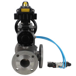 Кран шаровой BV3232P(4pc)-FP-3WL-F Ду100 Ру16 полнопроходной трехходовой, фланцевый, корпус - нержавеющая сталь SS316, с пневмоприводом PA-DA-105-1 двойного действия, пневмораспределителем 4V320-10 AC220V и БКВ APL-410N EX