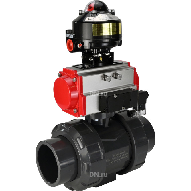 Кран шаровой BV4242E-FP-GRM-ISO Дн100 Ру10 полнопроходной, корпус - НПВХ, шар - НПВХ, уплотнение - EPDM, с пневмоприводом PA-DA-065, пневмораспределителем 4M310-08 DC24V и БКВ APL-510N EX