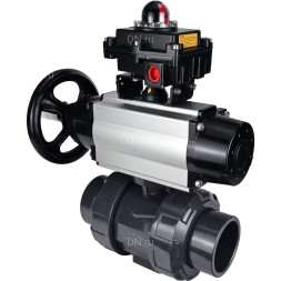 Кран шаровой BV4242E-FP-GRM-ISO Дн32 Ру10 полнопроходной, корпус - НПВХ, шар - НПВХ, уплотнение - EPDM, с пневмоприводом PA-DA-105-1 и БКВ APL-410N EX