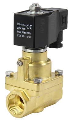 Клапан электромагнитный VS1000-PT-NC-220VAC 1″ Ду25 Ру16 соленоидный двухходовой поршневой, резьбовой, корпус - латунь, уплотнение - PTFE, пилотного действия, нормально закрытый, катушка - 220В AC