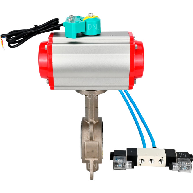 Затвор дисковый поворотный WBV3131P-2W-Fb-H Ду65 Ру16 корпус - нержавеющая сталь 304, диск - нержавеющая сталь 304, уплотнение - PTFE, с пневмоприводом PA-DA-065, пневмораспределителем 4V320-08 AC220V и магнитным переключателем ALS200D