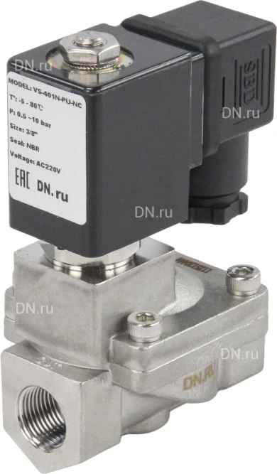 Клапан электромагнитный VS431-NT-NC-24VAC 3/8″ Ду10 Ру16 пилотного действия двухходовой, корпус - сталь нержавеющая 304, присоединение - внутренняя резьба, уплотнение - NBR, нормально-закрытый, катушка - 24В AC
