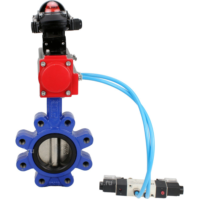 Затвор дисковый поворотный WBV1616N-2W-Fb-H Ду80 Ру16 LUG корпус - чугун QT450, диск - чугун QT450, уплотнение - NBR, с пневмоприводом PA-DA-083, пневмораспределителем 4V320-08 AC220V и БКВ APL-210N