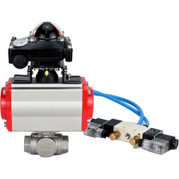 Кран шаровой BV3232P(4pc)-SP-3WL-T-ISO-H Ду25 Ру63, стандартнопроходной, четырехсоставной, корпус - нержавеющая сталь 316, уплотнение - PTFE, внутренняя резьба, с пневмоприводом PA-SA-052, пневмораспределителем 4V320-08 AC220V, БКВ APL-210N