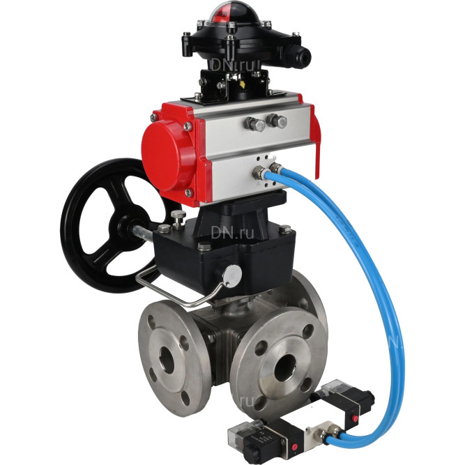 Кран шаровой BV3232P(4pc)-FP-3WL-F Ду20 Ру16 полнопроходной трехходовой, фланцевый, корпус - нержав.сталь SS316, с пневмоприводом PA-DA-052, пневмораспределителем 4V320-08 AC220V, БКВ APL-210N и ручным дублером MON1-250-T26-ISO